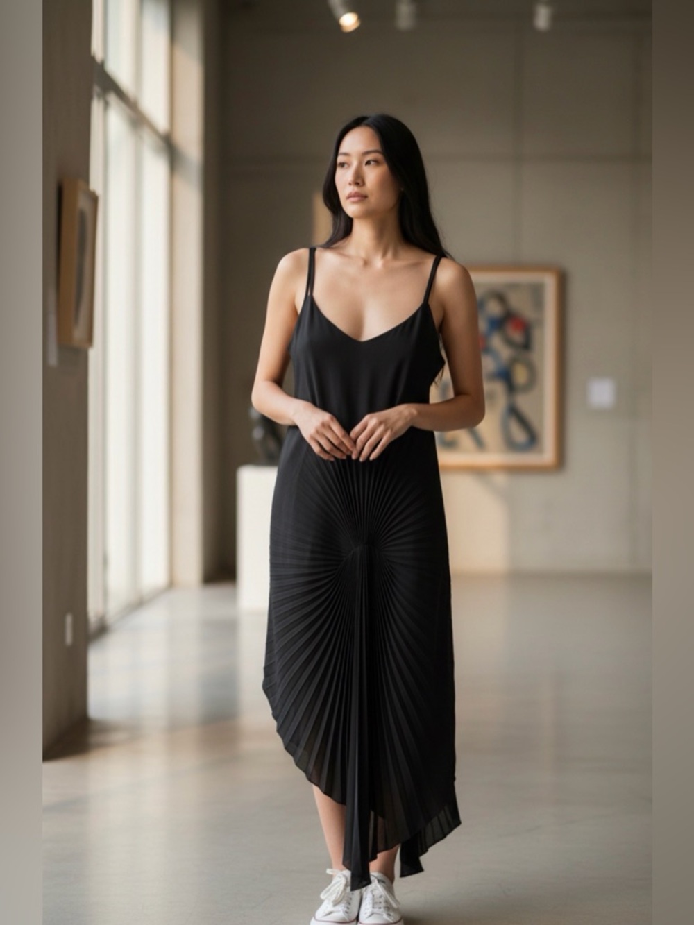 NWT Georgia Hardinge Pleated Asymmetric Slip Dress in Black, UK 20 (US 16)